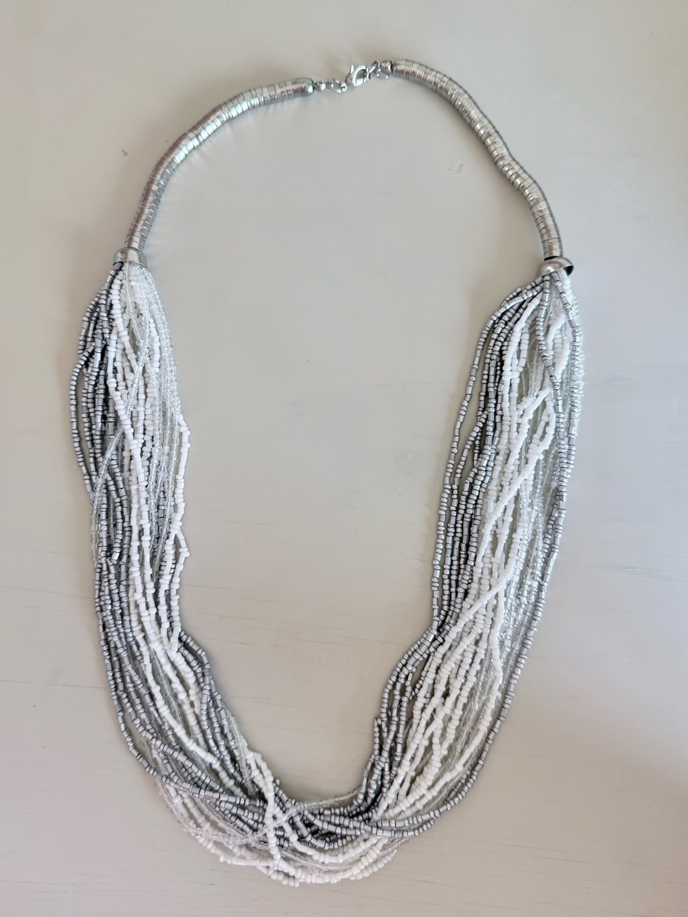 Silver & White Multi-Strand Beaded Necklace